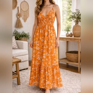 Dynamite Orange Floral Maxi Dress V-Neck Women Size L Summer Boho Dress